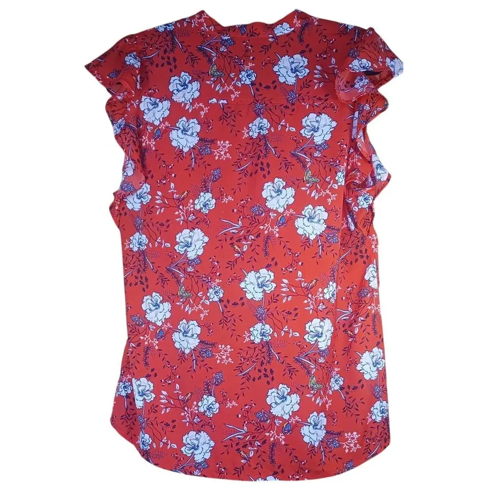 Abercrombie & Fitch Red Floral Tie Neck Blouse Medium Office Flutter Sleeve Top